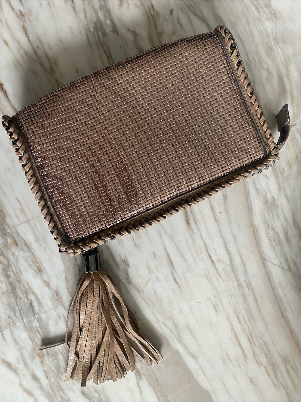 BCBGMaxAzria Taupe Woven Zip Clutch with Braided Trim and Tassel